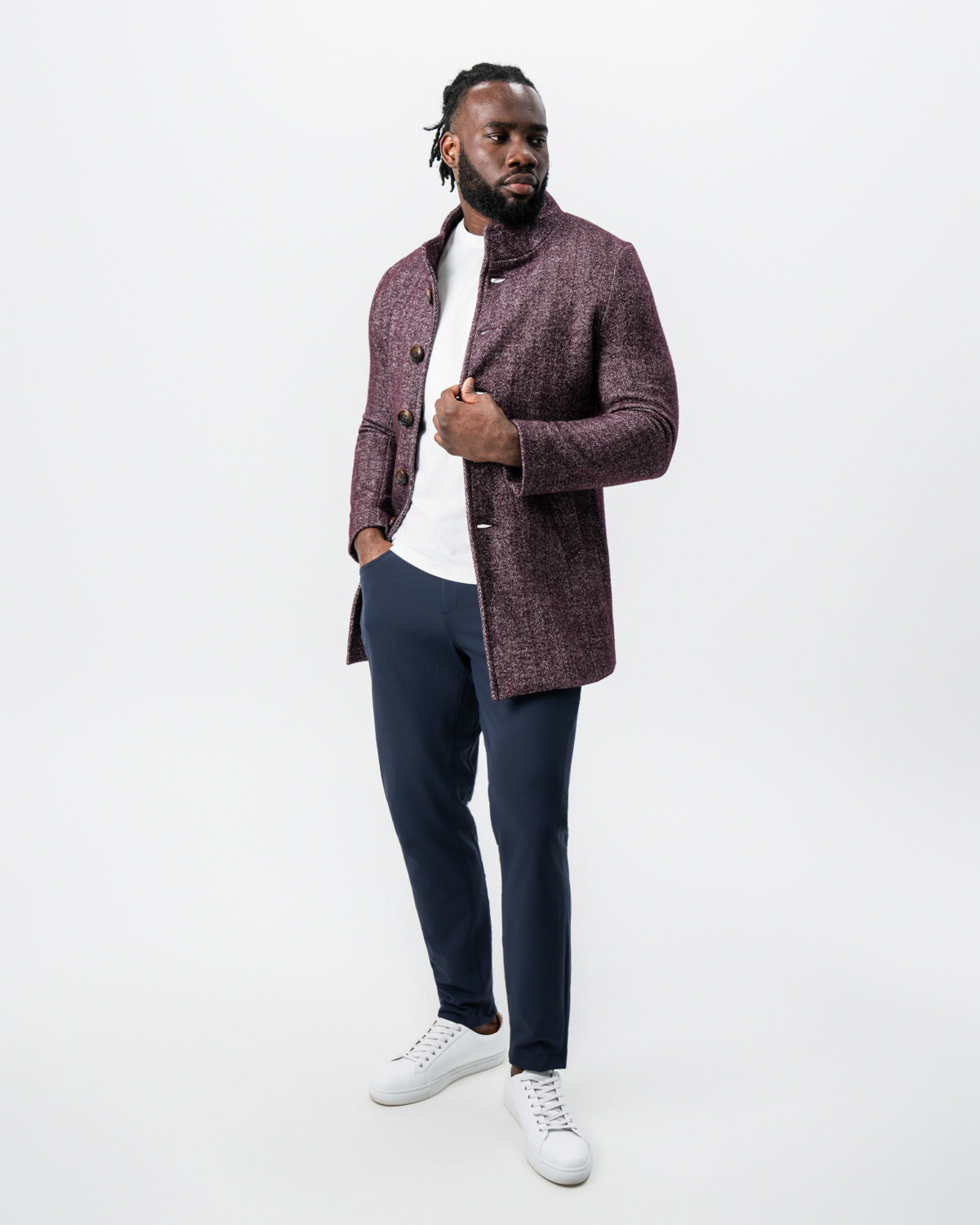 Maroon Herringbone Open Button Overcoat