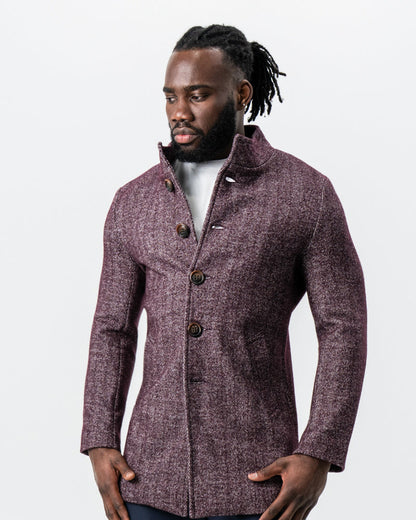 Maroon Herringbone Open Button Overcoat