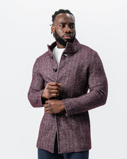 Maroon Herringbone Open Button Overcoat