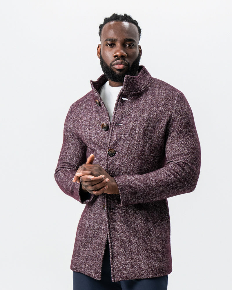Maroon Herringbone Open Button Overcoat