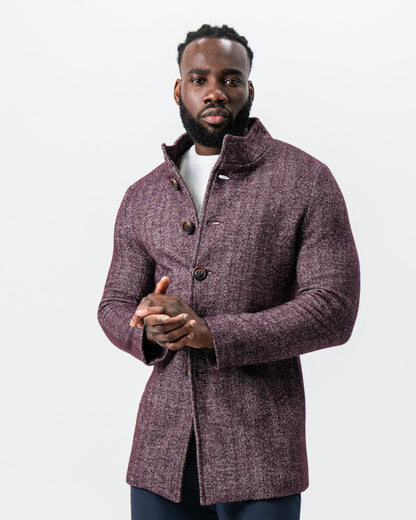 Maroon Herringbone Open Button Overcoat