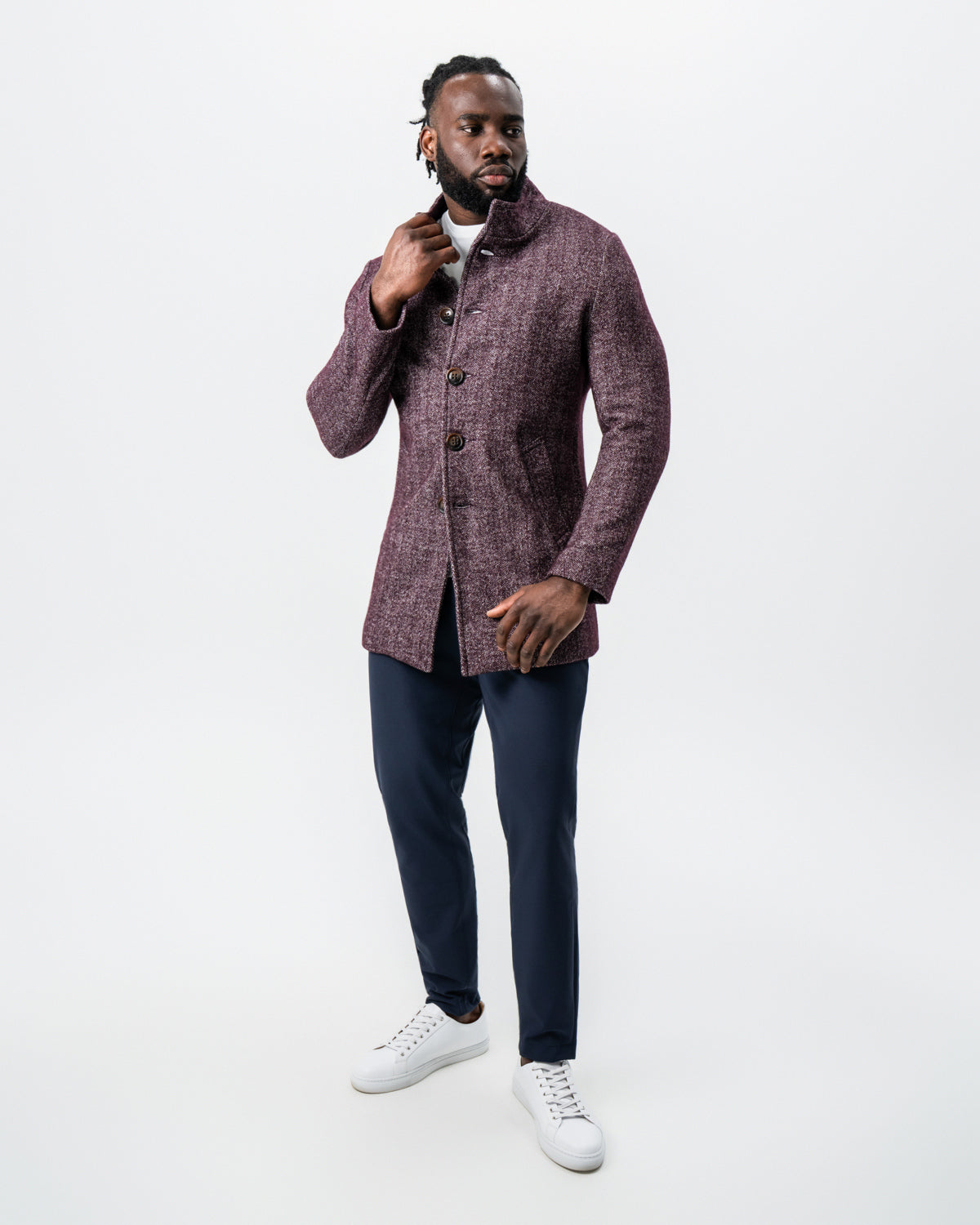 Maroon Herringbone Open Button Overcoat