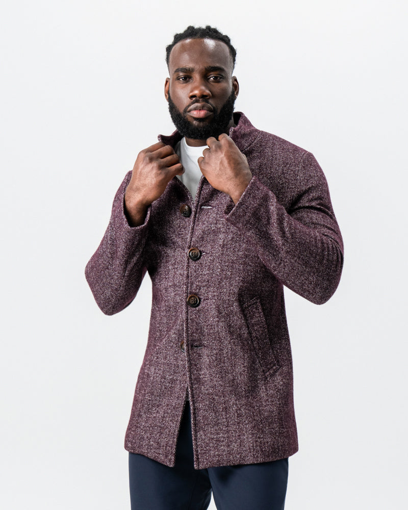Maroon Herringbone Open Button Overcoat