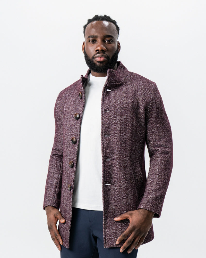 Maroon Herringbone Open Button Overcoat