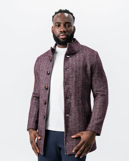 Maroon Herringbone Open Button Overcoat