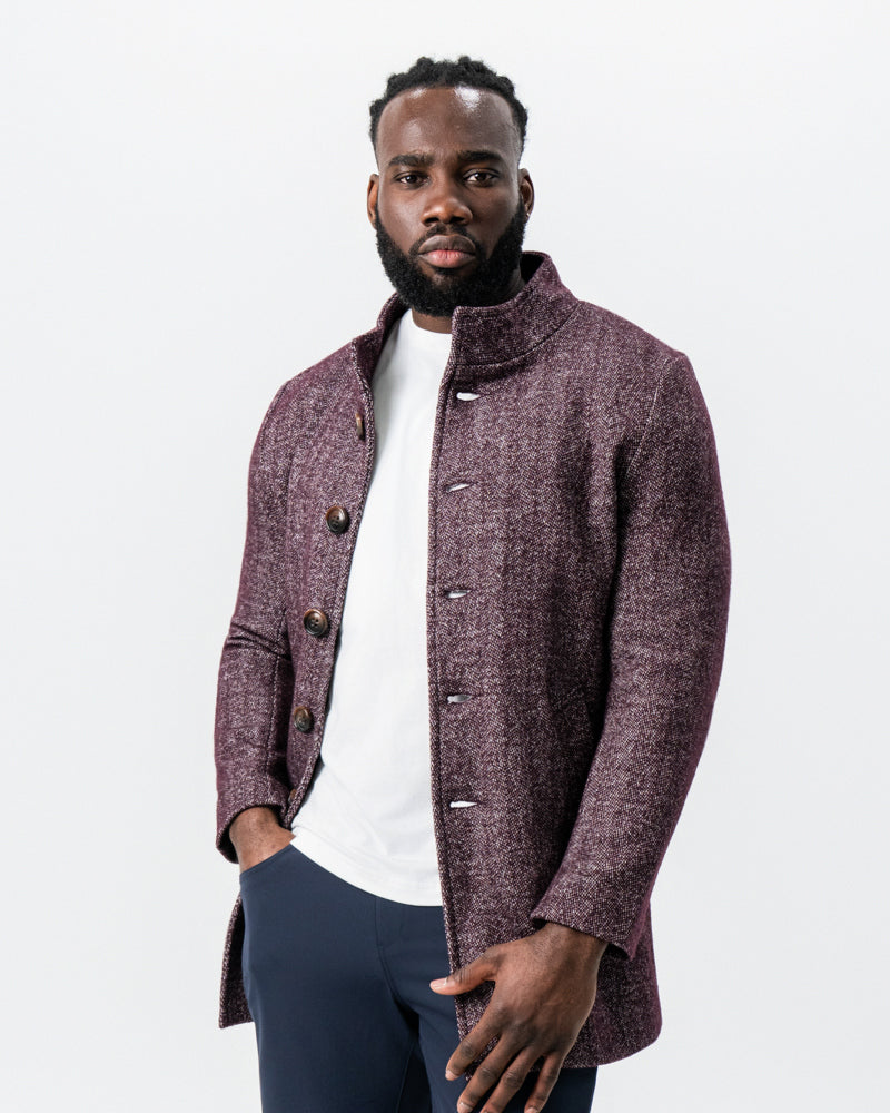 Maroon Herringbone Open Button Overcoat