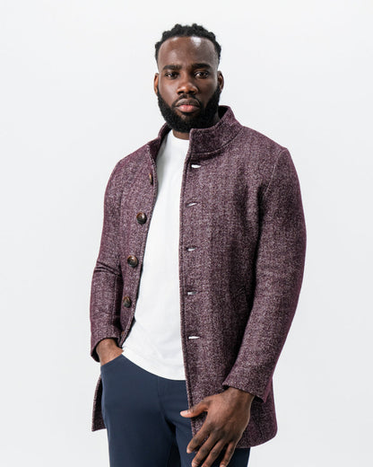 Maroon Herringbone Open Button Overcoat