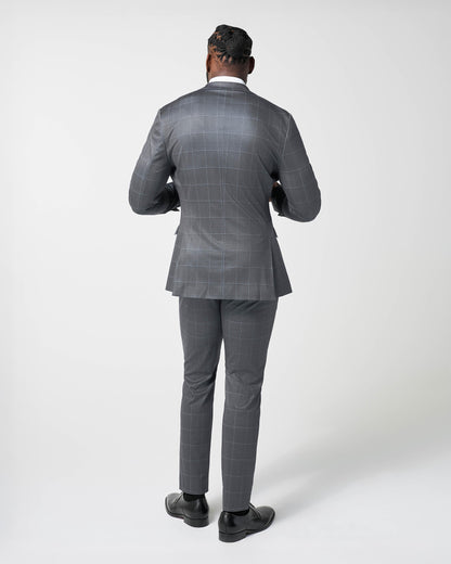Athletic Fit Stretch Suit Pants - Grey and White Big Windowpane