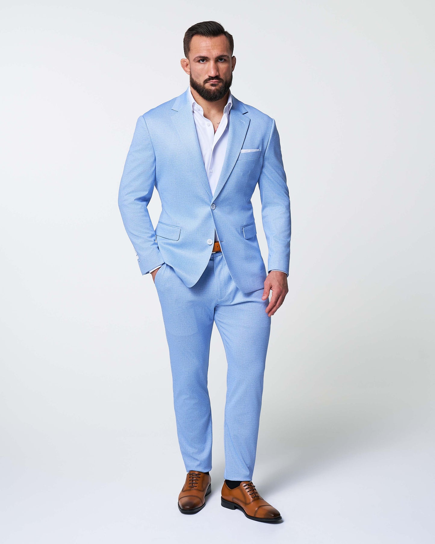 Athletic Fit Stretch Suit Pants - Light Blue Mini Houndstooth