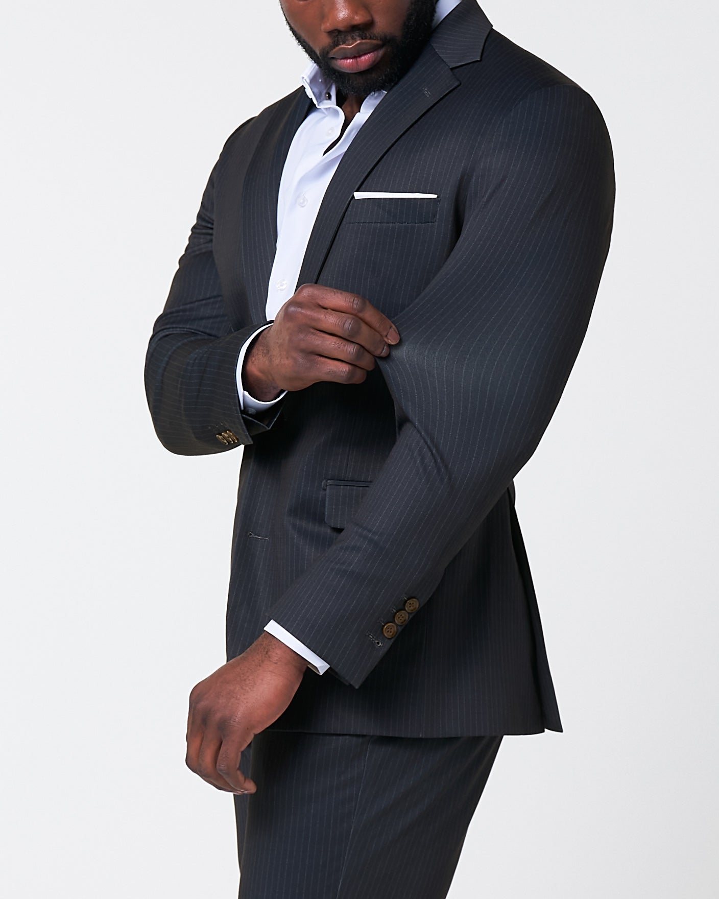 Athletic Fit Stretch Suit - Knit Black & Light Blue Pinstripe