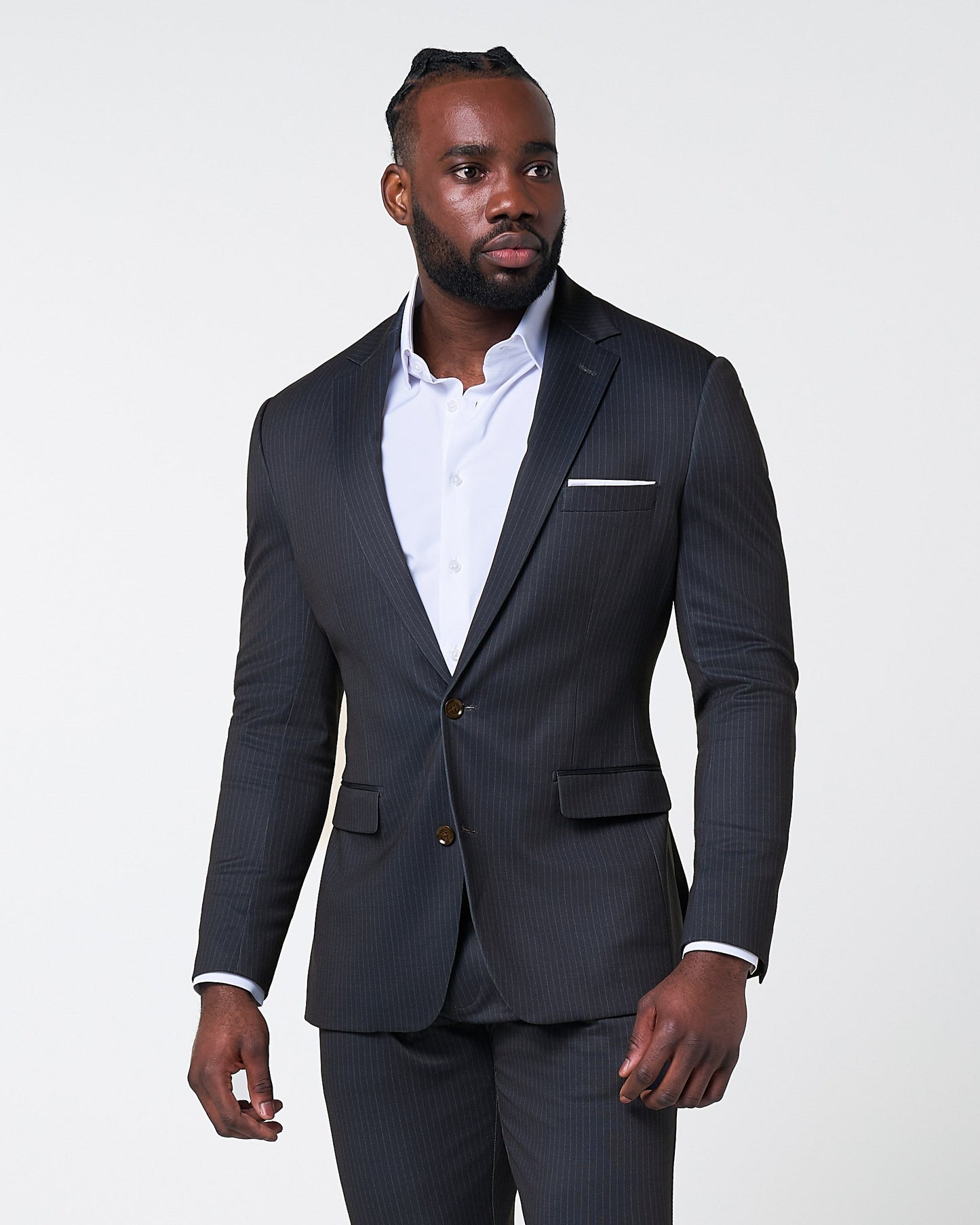 Athletic Fit Stretch Suit - Knit Black & Light Blue Pinstripe