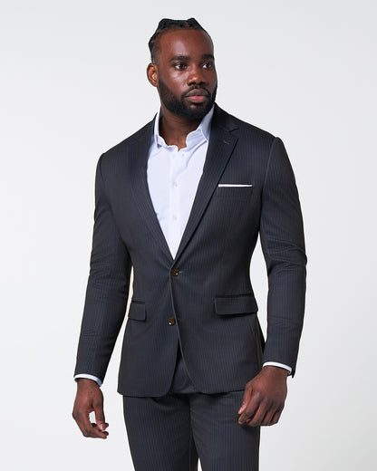 Athletic Fit Stretch Suit - Knit Black & Light Blue Pinstripe