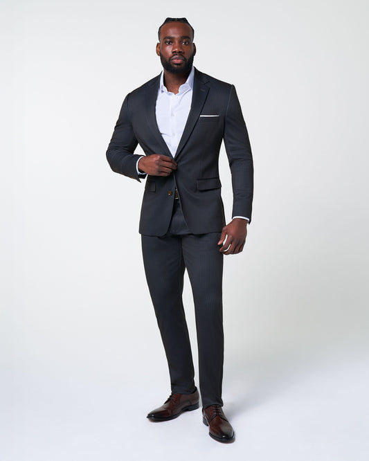 Athletic Fit Stretch Suit - Knit Black & Light Blue Pinstripe