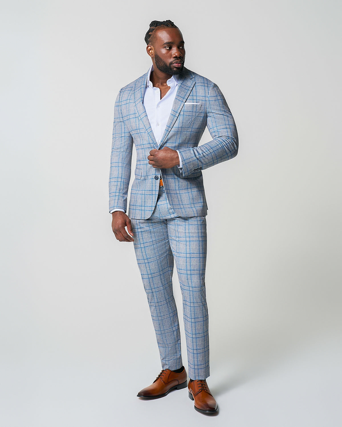Athletic Fit Stretch Suit Pants - Grey & Royal Blue Plaid