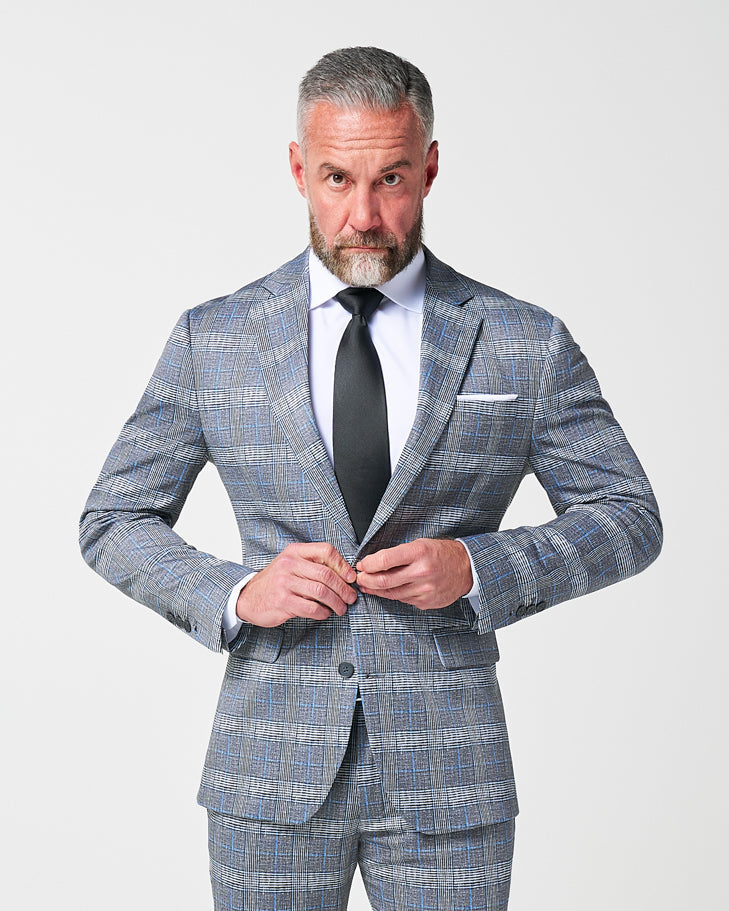 Athletic Fit Stretch Suit - Grey with Blue Plaid