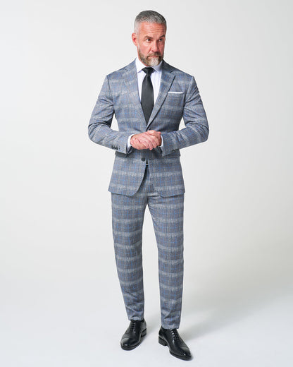 Athletic Fit Stretch Suit - Grey with Blue Plaid