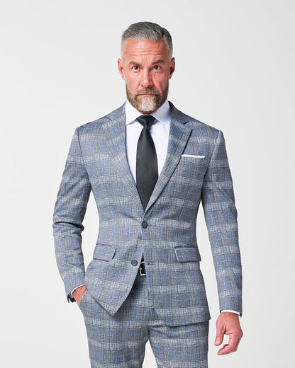Athletic Fit Stretch Suit - Grey with Blue Plaid