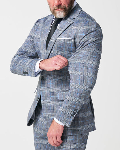 Athletic Fit Stretch Suit - Grey with Blue Plaid