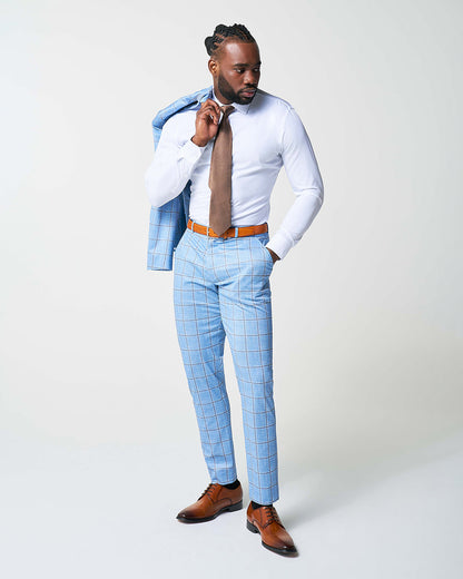 Athletic Fit Stretch Suit - Light Blue and Brown Big Windowpane