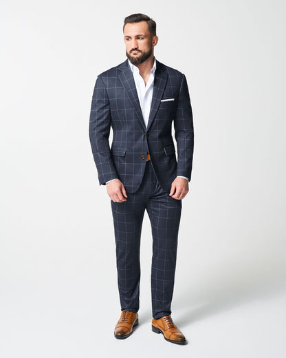 Athletic Fit Stretch Suit - Navy & Light Blue Windowpane
