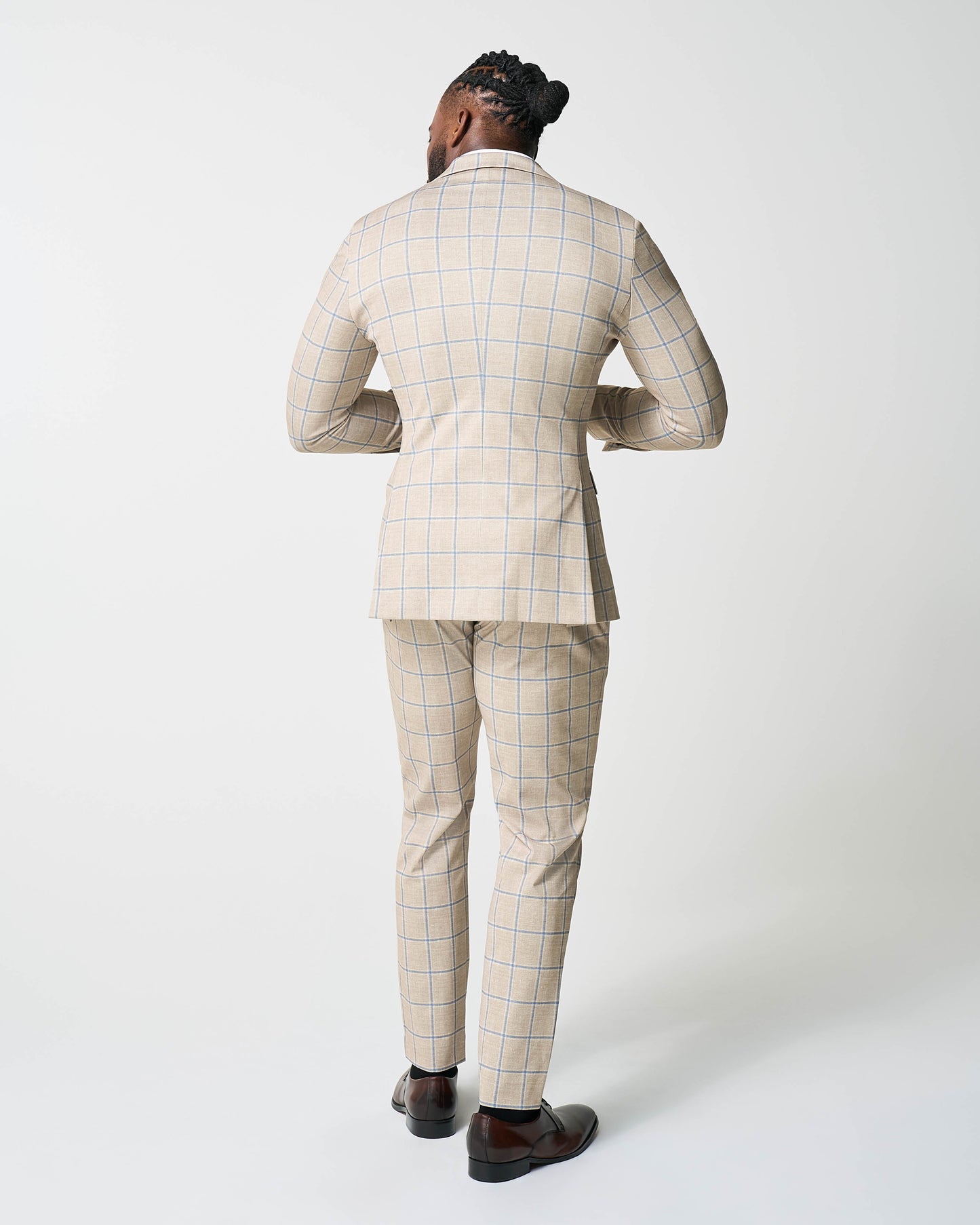 Athletic Fit Stretch Suit - Tan with Big Blue Windowpane