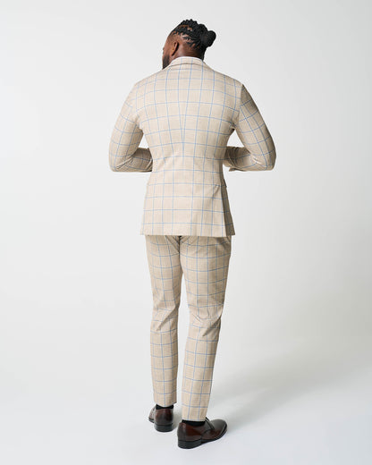 Athletic Fit Stretch Suit - Tan with Big Blue Windowpane
