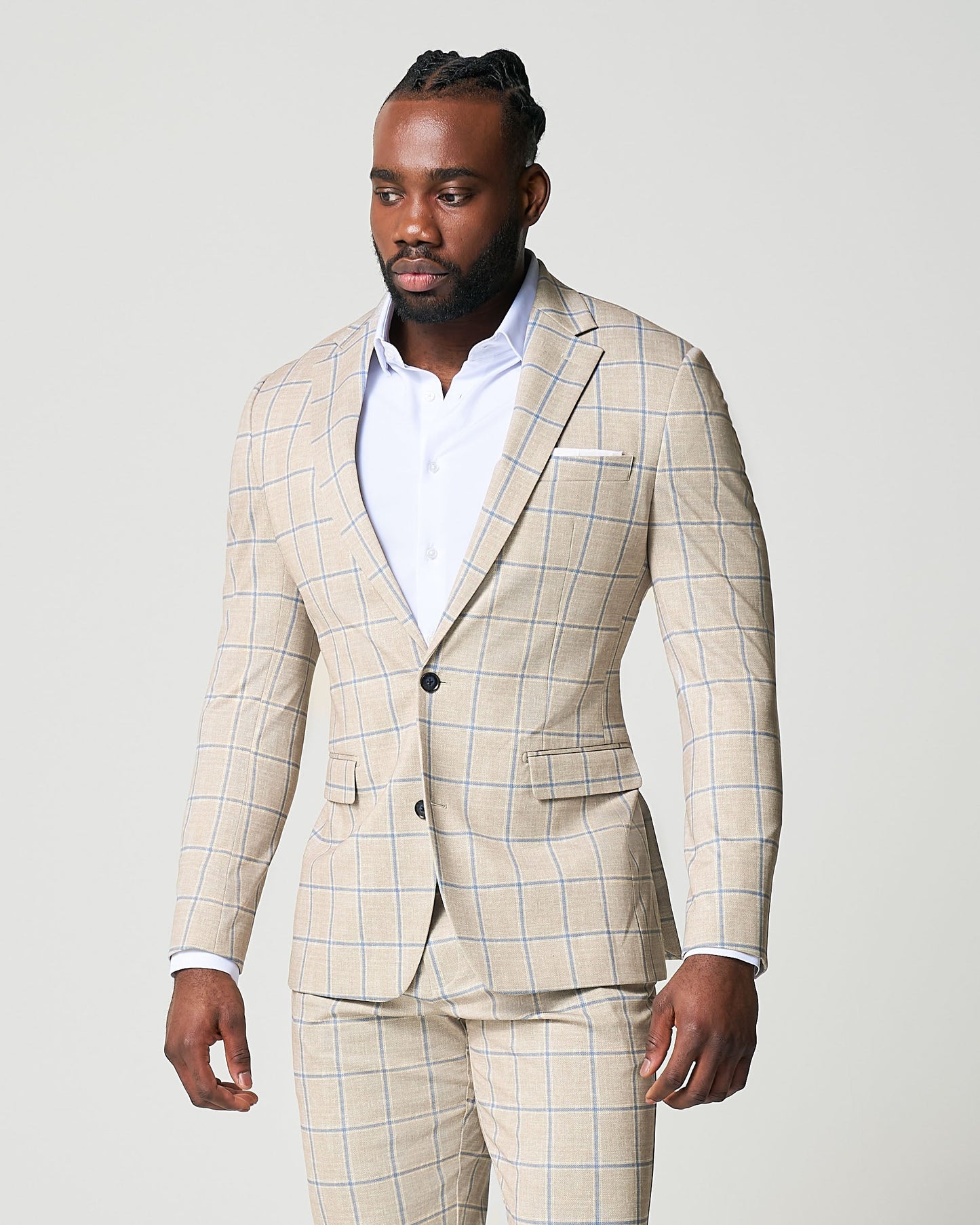 Athletic Fit Stretch Suit - Tan with Big Blue Windowpane