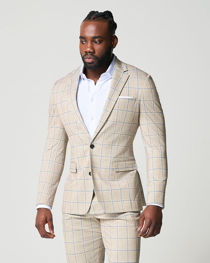 Athletic Fit Stretch Suit - Tan with Big Blue Windowpane