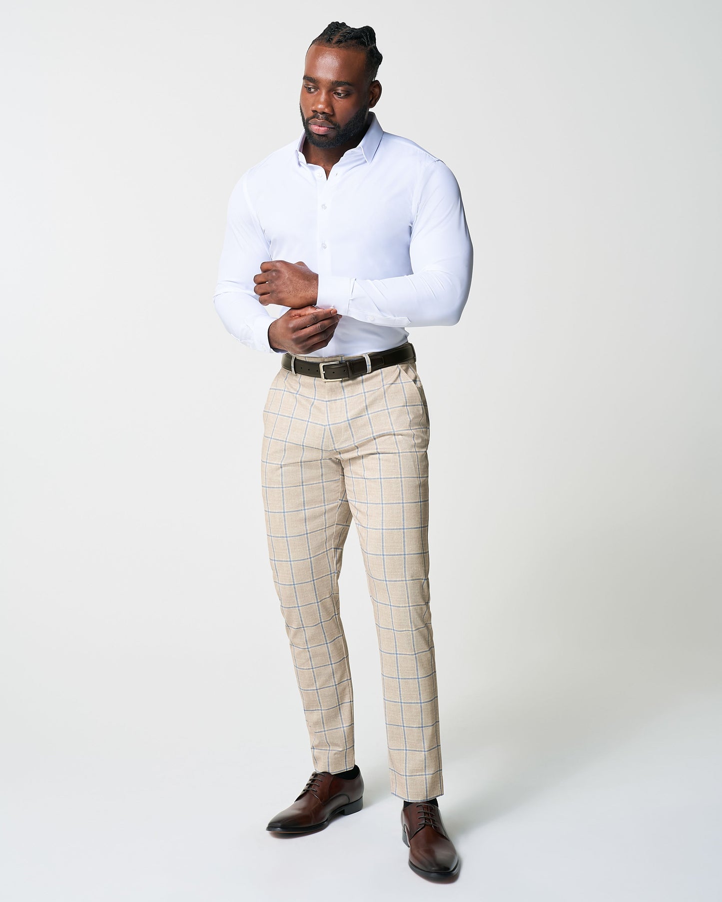Athletic Fit Stretch Suit - Tan with Big Blue Windowpane