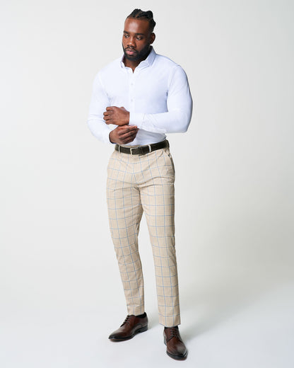 Athletic Fit Stretch Suit - Tan with Big Blue Windowpane