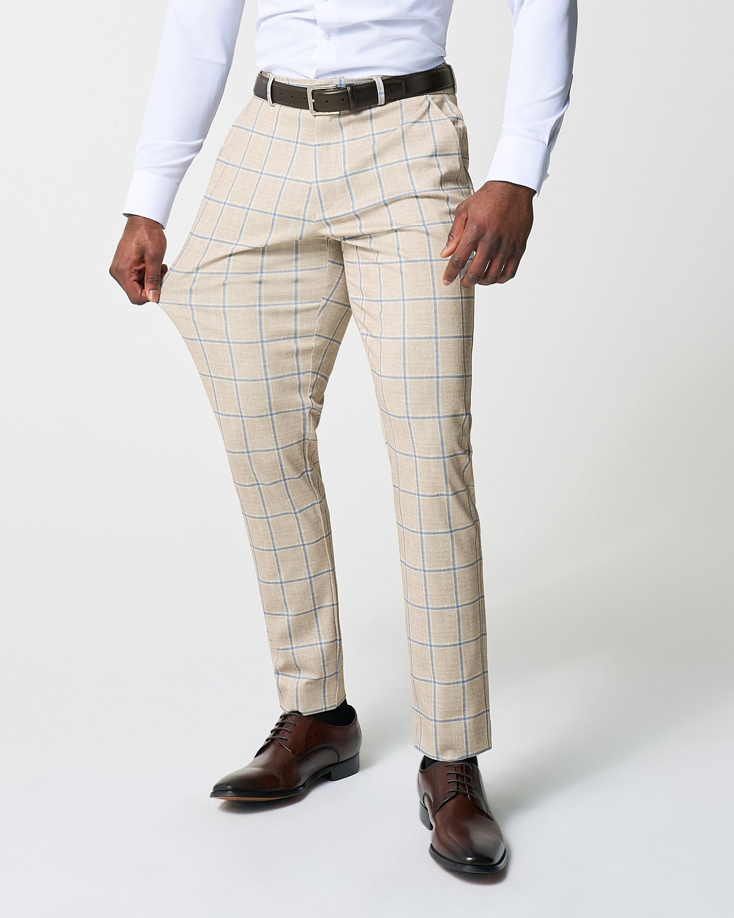 Athletic Fit Stretch Suit - Tan with Big Blue Windowpane
