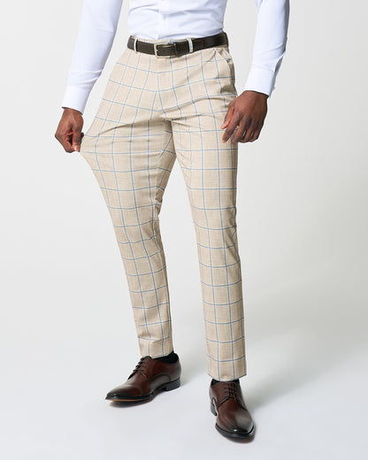 Athletic Fit Stretch Suit - Tan with Big Blue Windowpane