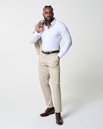 Athletic Fit Stretch Suit - Tan with Big Blue Windowpane