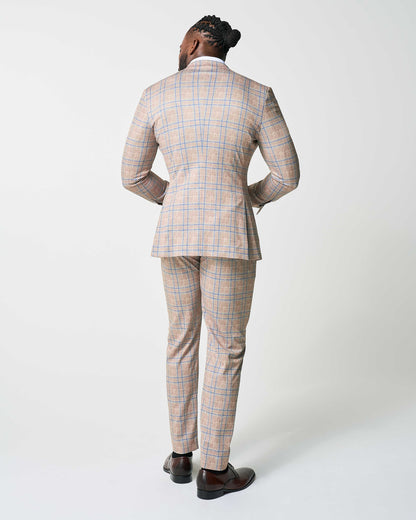 Athletic Fit Stretch Suit - Tan and Blue Plaid