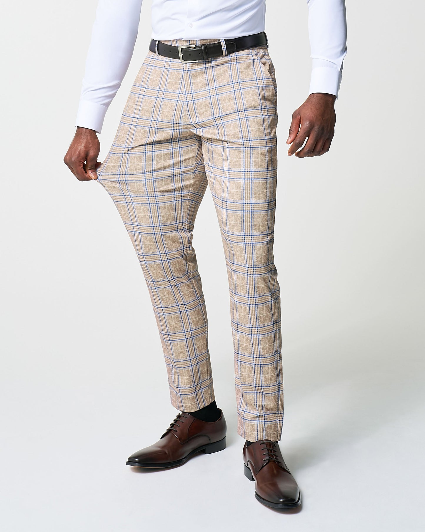 Athletic Fit Stretch Suit - Tan and Blue Plaid