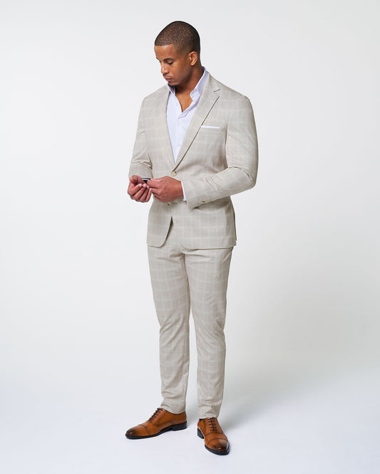 Athletic Fit Stretch Suit - Tan and White Windowpane Suit