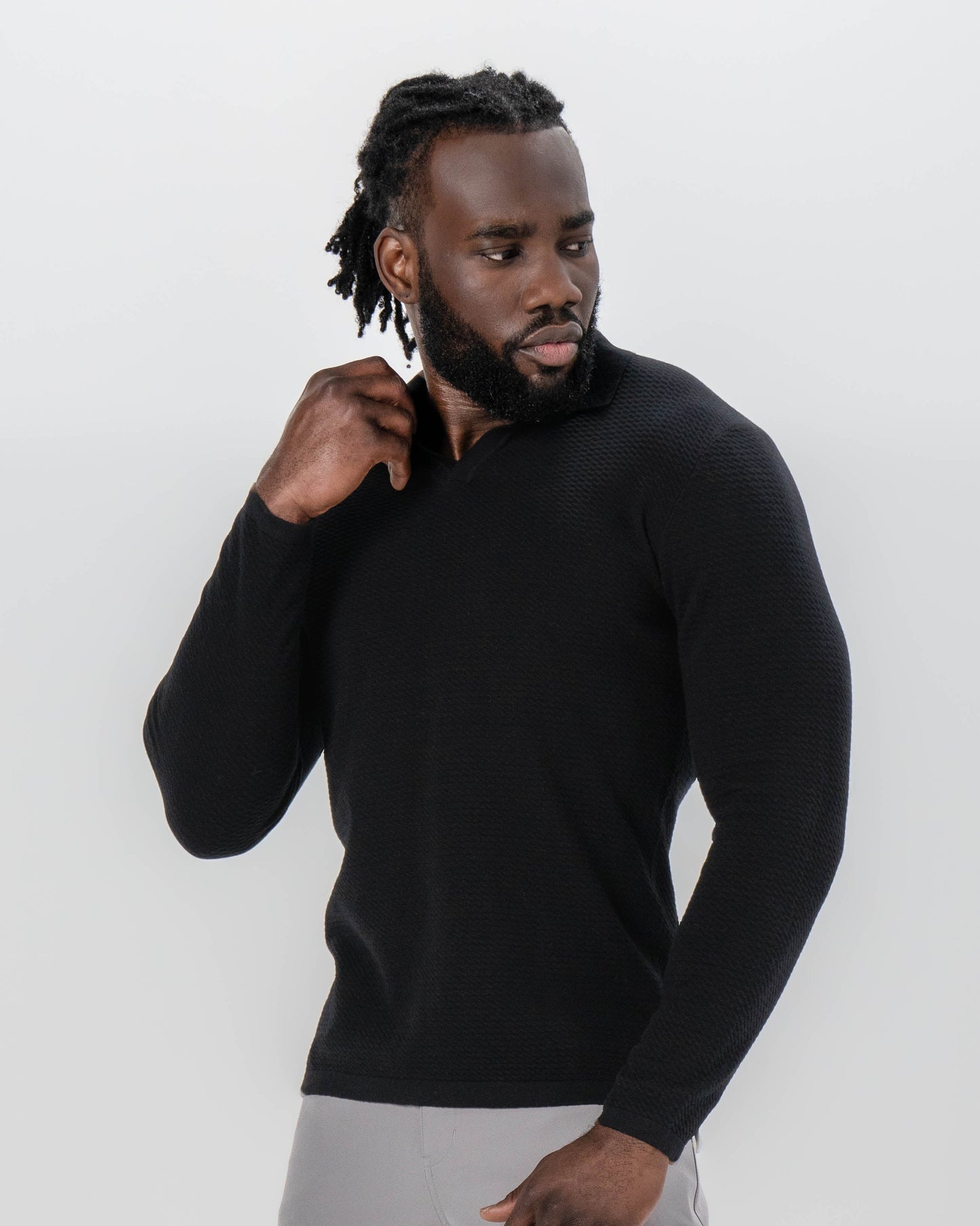 Textured Buttonless Long Sleeve Polo - Black