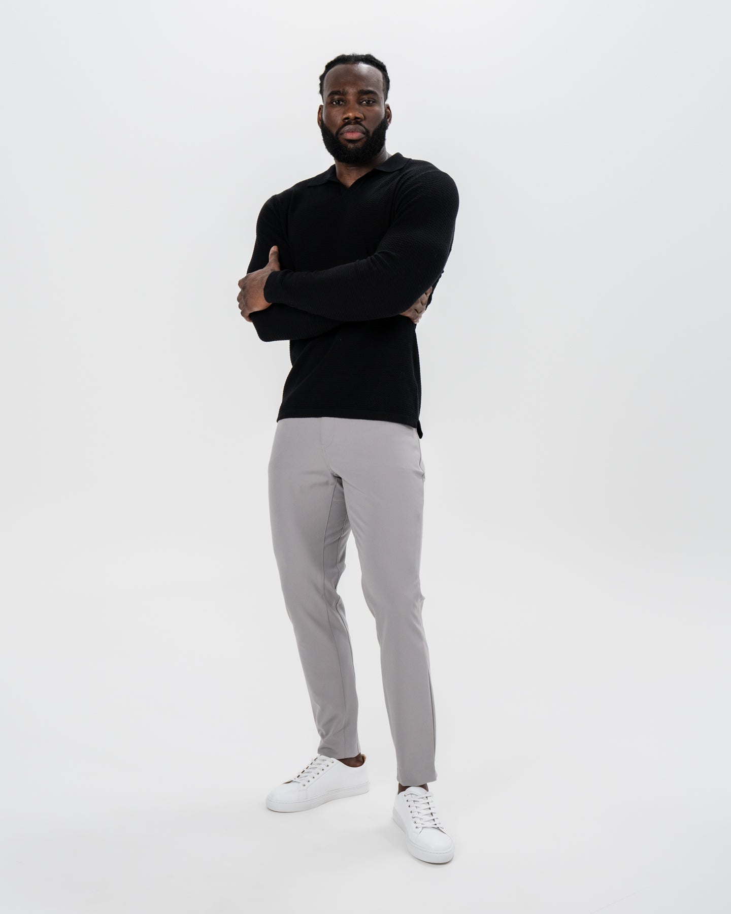 Textured Buttonless Long Sleeve Polo - Black