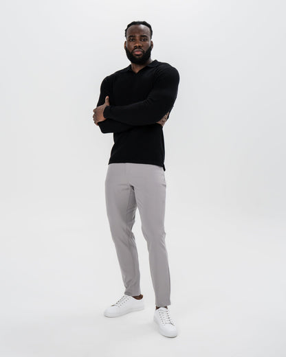 Textured Buttonless Long Sleeve Polo - Black