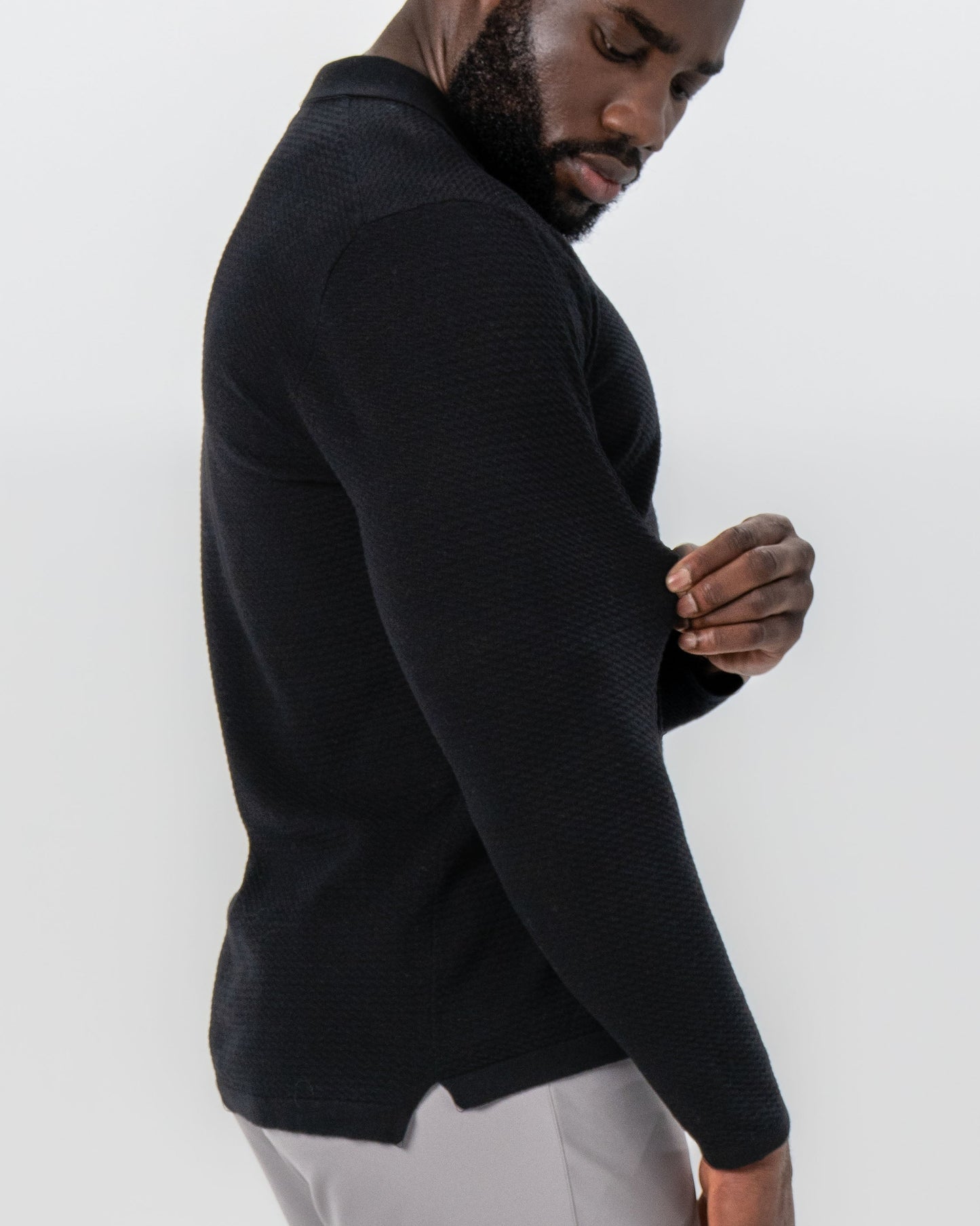 Textured Buttonless Long Sleeve Polo - Black