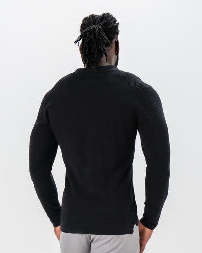 Textured Buttonless Long Sleeve Polo - Black