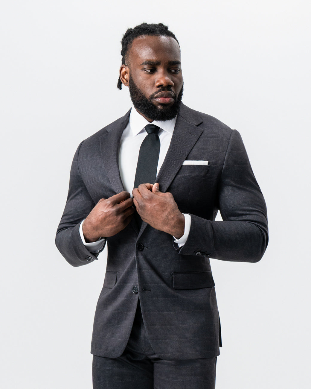 Athletic Fit Stretch Suit - Black and Charcoal Plaid