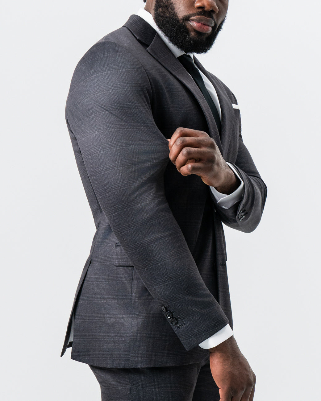 Athletic Fit Stretch Suit - Black and Charcoal Plaid