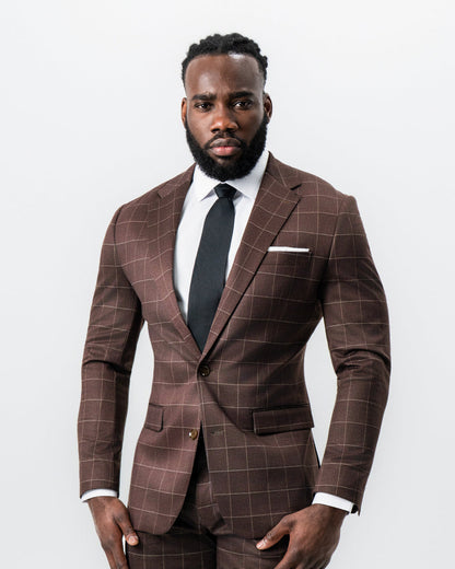 Athletic Fit Stretch Suit - Mocha with Brown Windowpane