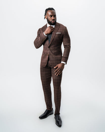 Athletic Fit Stretch Suit - Mocha with Brown Windowpane