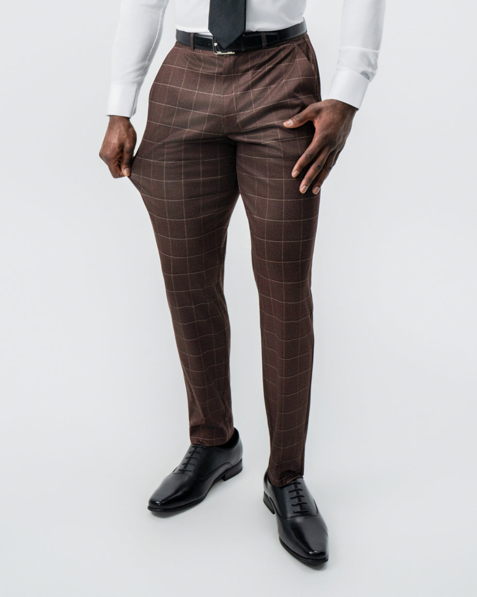 Athletic Fit Stretch Suit - Mocha with Brown Windowpane