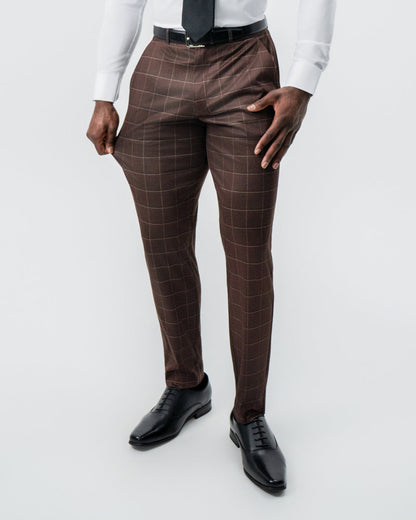Athletic Fit Stretch Suit - Mocha with Brown Windowpane