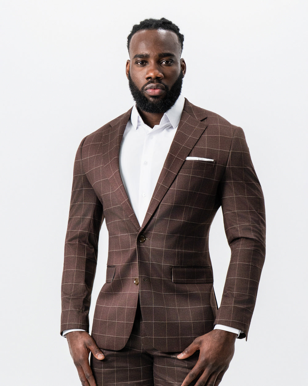 Athletic Fit Stretch Suit - Mocha with Brown Windowpane