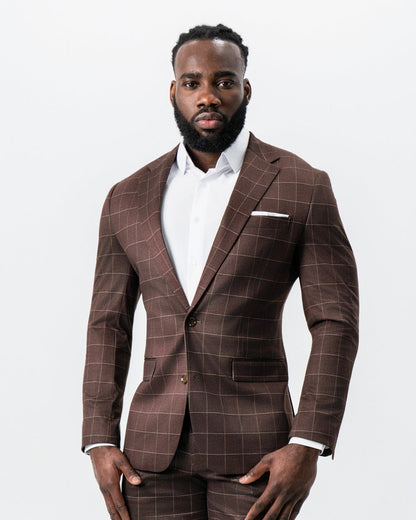 Athletic Fit Stretch Suit - Mocha with Brown Windowpane