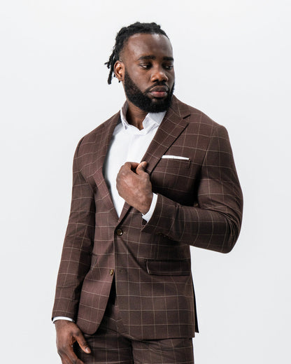 Athletic Fit Stretch Suit - Mocha with Brown Windowpane